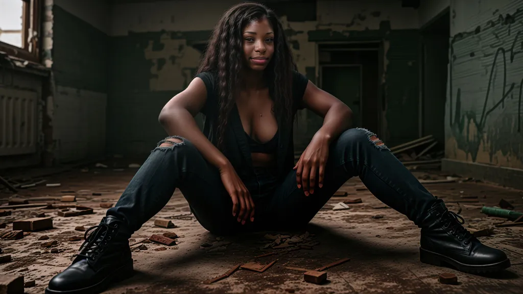 Prompt: In an abandoned insane asylum, a powerful black woman, amidst decay, radiates resilience. Atmospheric lighting casts textured shadows on worn walls as her expressive face hints at an untold story. Dressed in torn clothes, combat boots, and black short torn jeans, her gaze reflects an unyielding spirit. The scene invites contemplation on the juxtaposition of decay and inner strength.