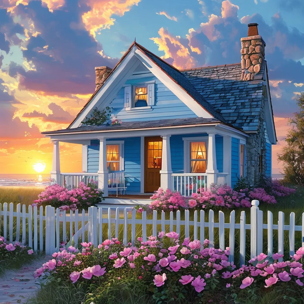 Prompt: cottage style sky blue and white house with white and pink flowers beach view sunset realistic