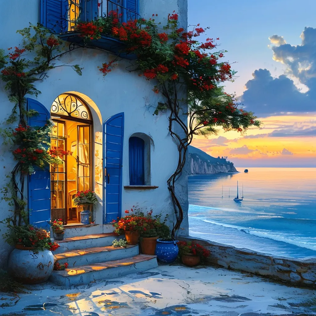 Prompt: in italy blue and white house cottage with the view of the beach sunset relistic