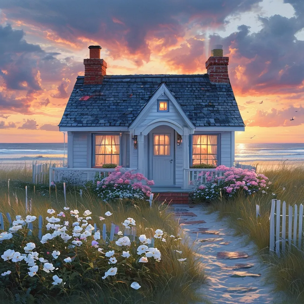 Prompt: cottage style sky blue and white house with white and pink flowers beach view sunset with little village and next door neighbour realistic