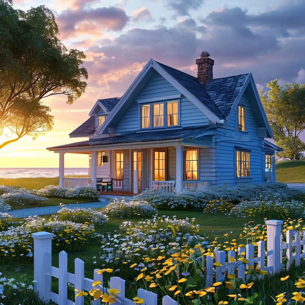 Prompt: cottage style sky blue and white house with white and yellow flowers beach view sunset with little village around the house with a pool in the front garden realistic