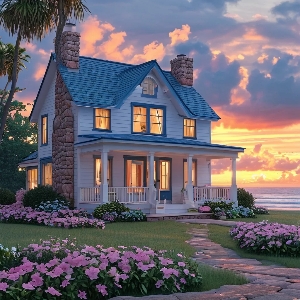 Prompt: cottage style sky blue and white house with white and pink flowers beach view sunset realistic