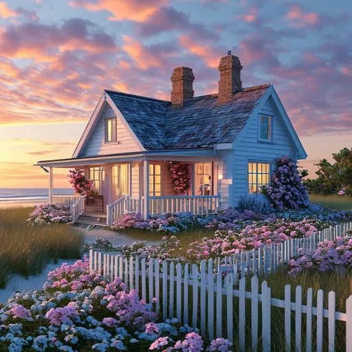 Prompt: cottage style sky blue and white house with white and pink flowers beach view sunset with little village around the house realistic