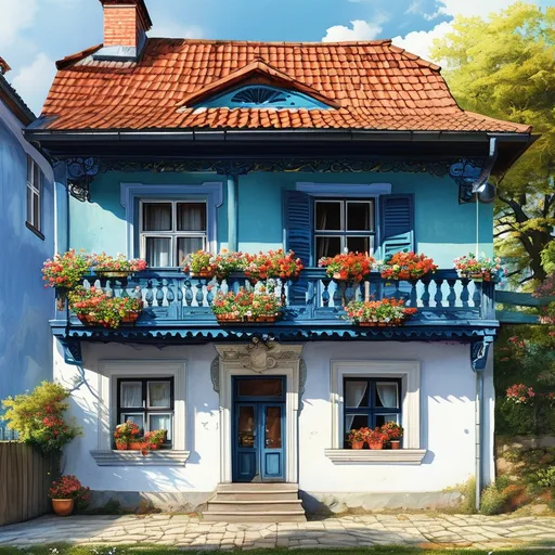 Prompt: Slovakia Kosice cute sky blue and white house with balcony flowers and the front of the house realistic