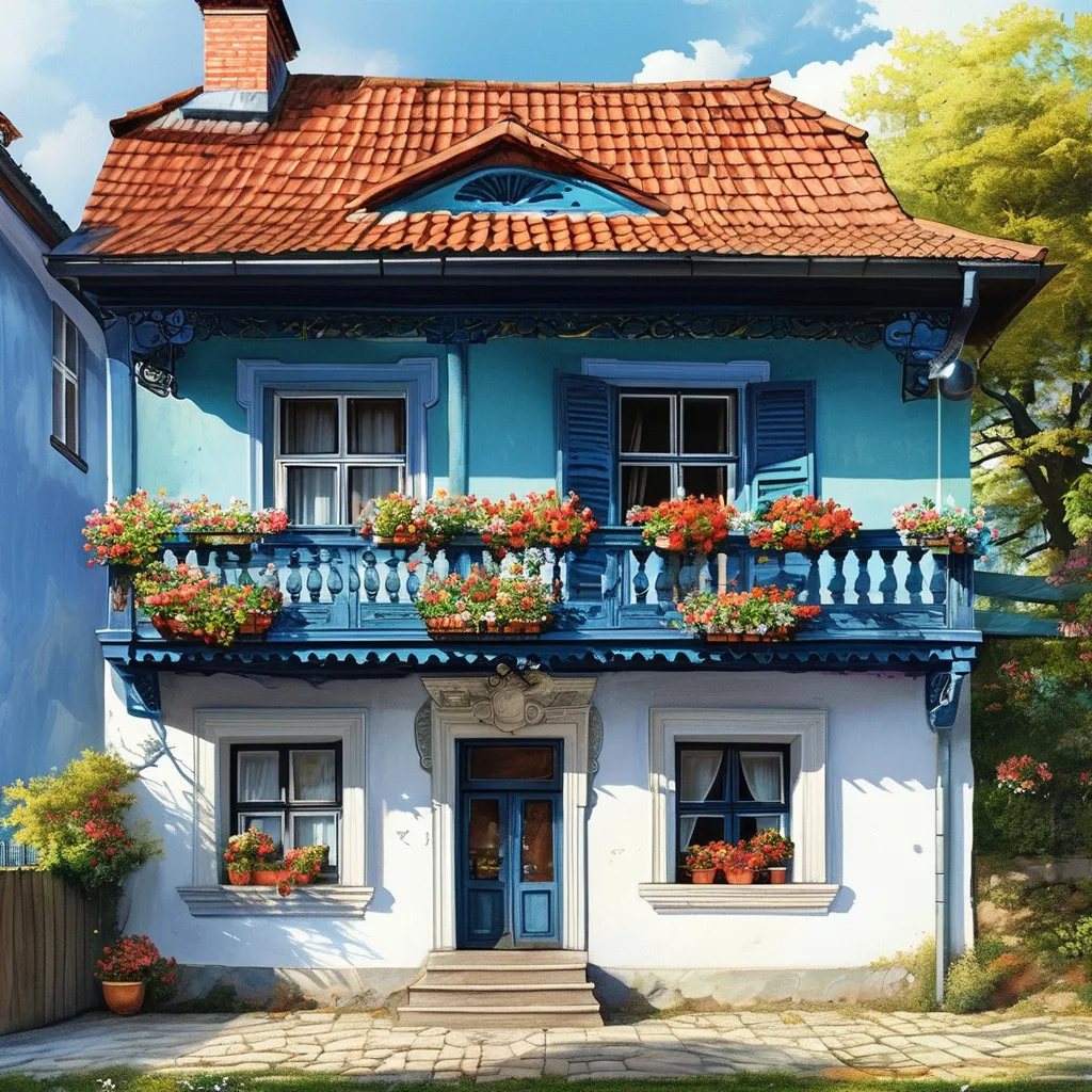 Prompt: Slovakia Kosice cute sky blue and white house with balcony flowers and the front of the house realistic