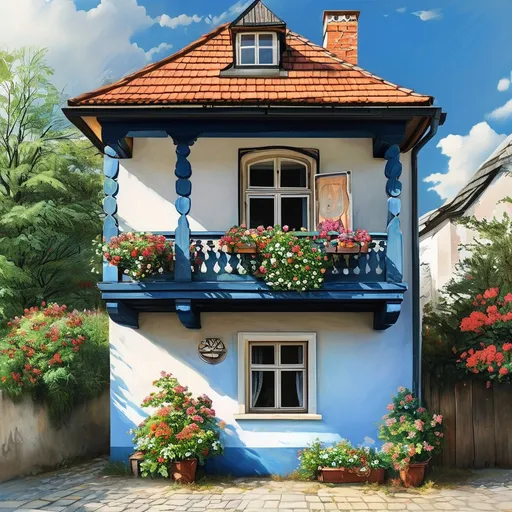 Prompt: Slovakia Kosice cute sky blue and white house with balcony flowers and the front of the house realistic