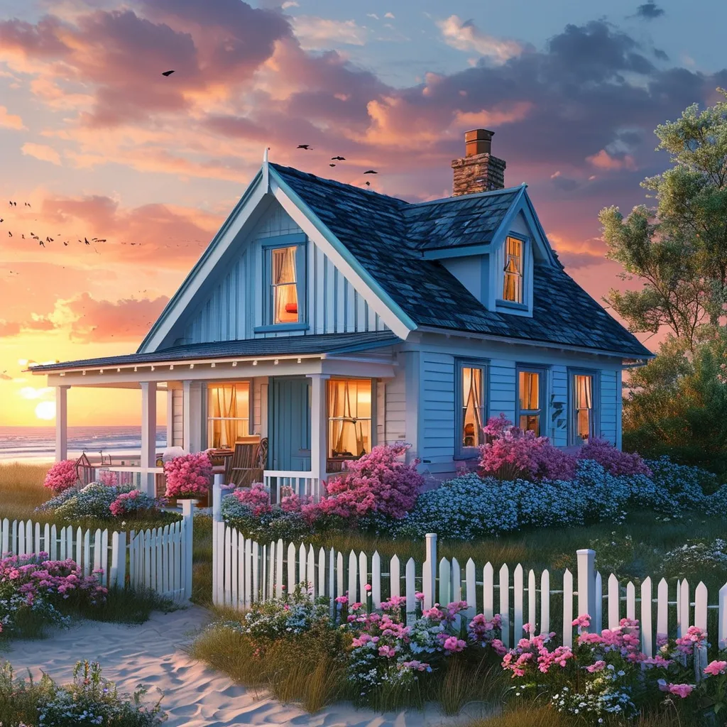 Prompt: cottage style sky blue and white house with white and pink flowers beach view sunset with little village around the house realistic