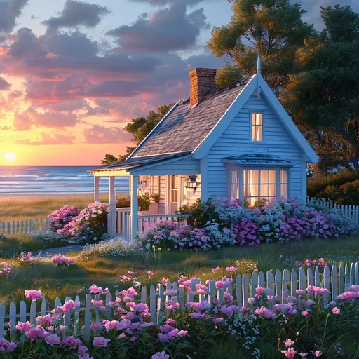 Prompt: cottage style sky blue and white house with white and pink flowers beach view sunset with little village and next door neighbour realistic