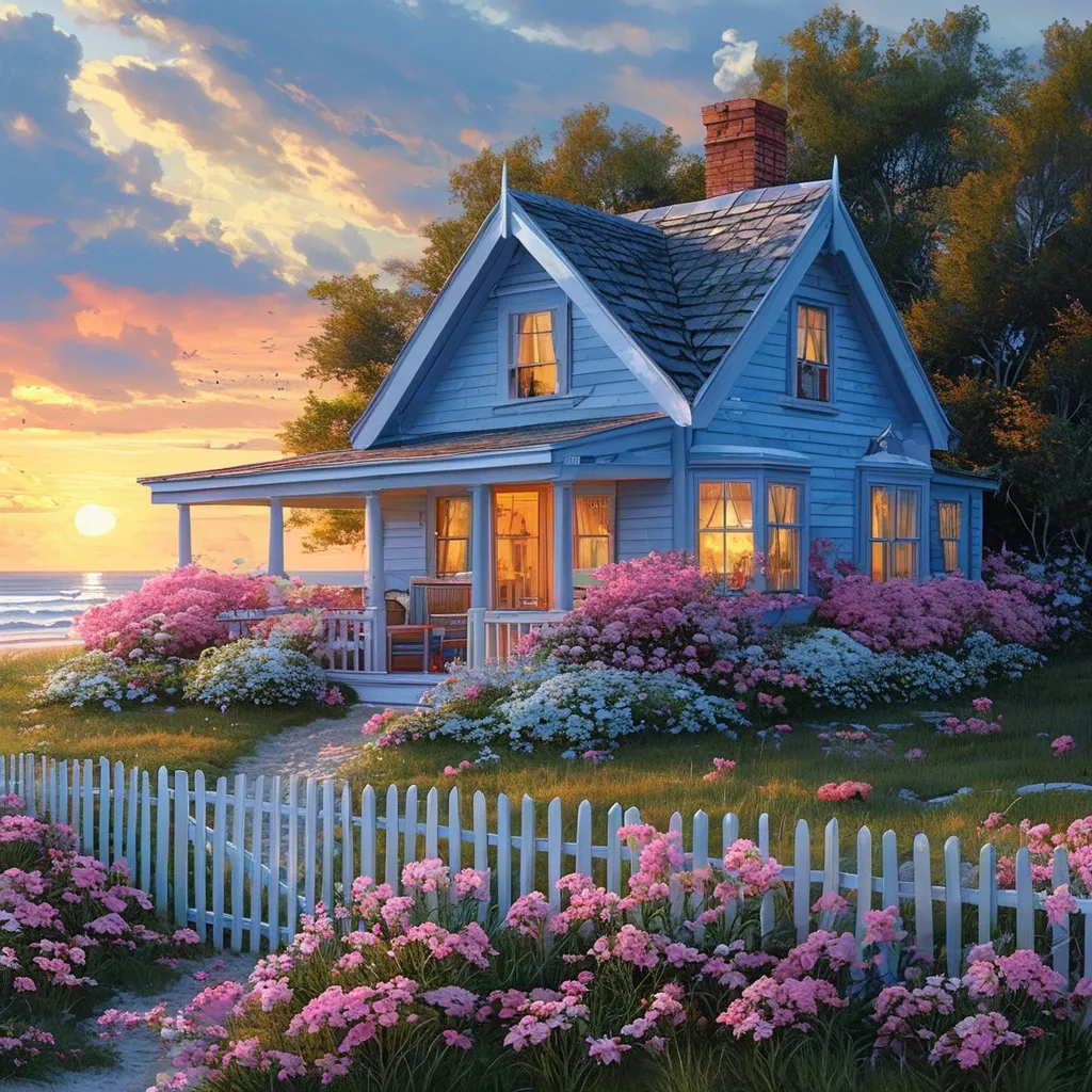 Prompt: cottage style sky blue and white house with white and pink flowers beach view sunset with little village around the house realistic