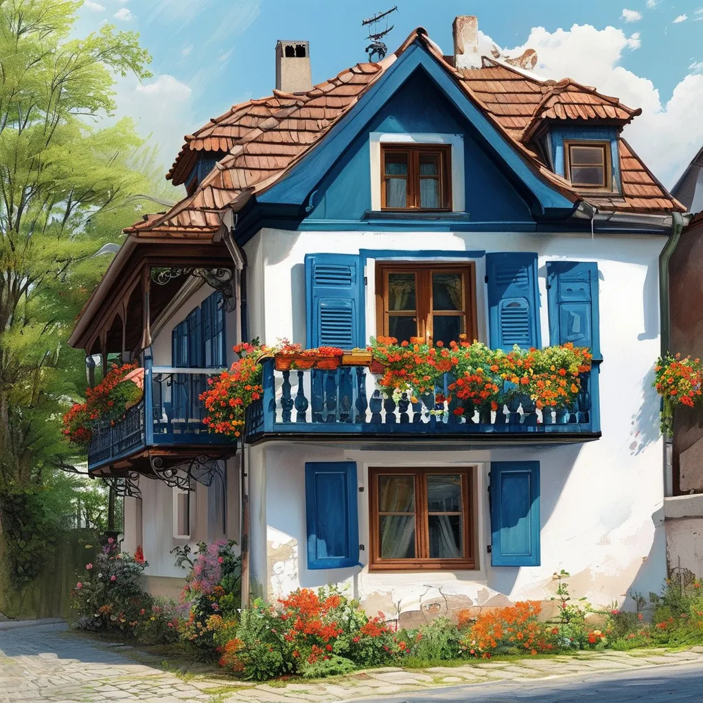 Prompt: Slovakia Kosice cute sky blue and white house with balcony flowers and the front of the house realistic