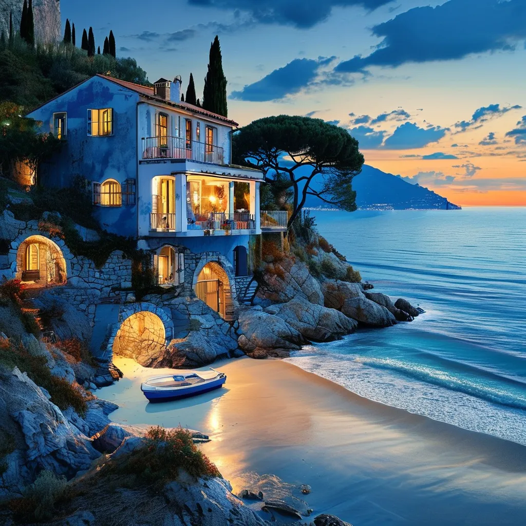 Prompt: in italy beach side house blue and white with sunset relistic