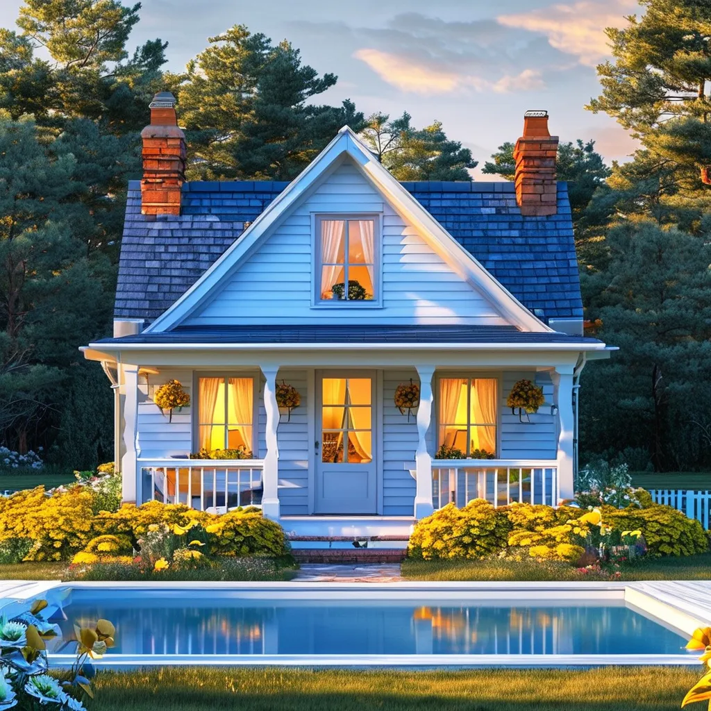 Prompt: cottage style sky blue and white house with white and yellow flowers beach view sunset with little village around the house with a pool in the front garden realistic