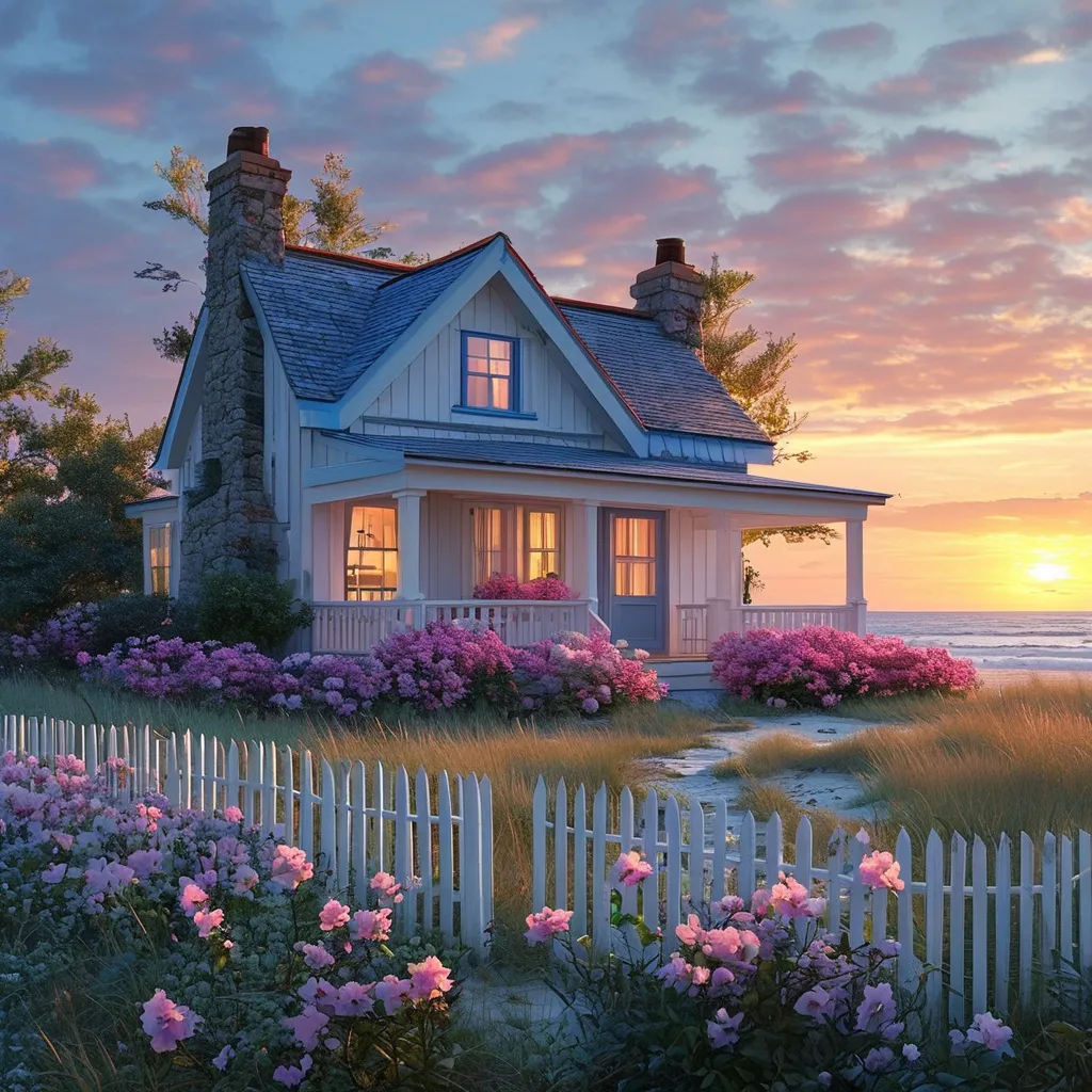 Prompt: cottage style sky blue and white house with white and pink flowers beach view sunset realistic