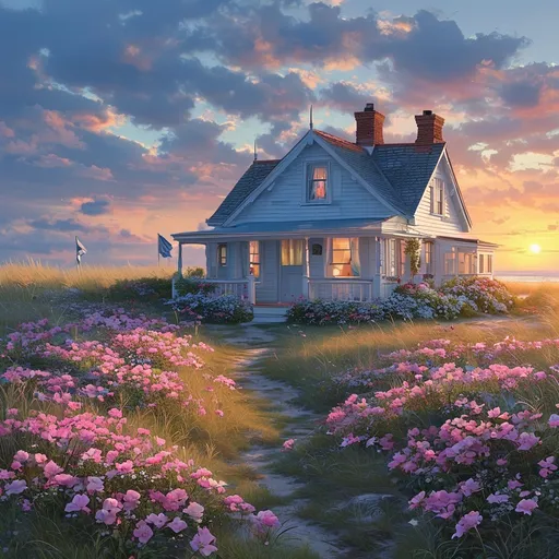 Prompt: cottage style sky blue and white house with white and pink flowers beach view sunset with little village and next door neighbour realistic