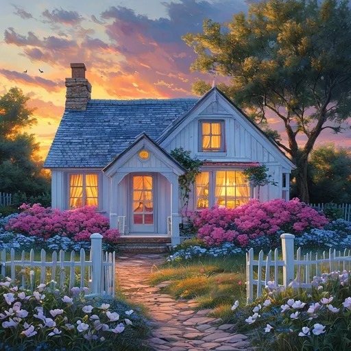 Prompt: cottage style sky blue and white house with white and pink flowers beach view sunset with little village around the house realistic