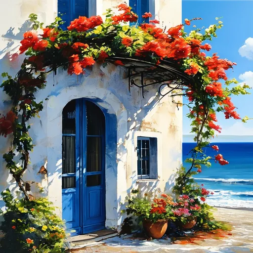 Prompt: in italy blue and white house cottage with the view of the beach sunset relistic