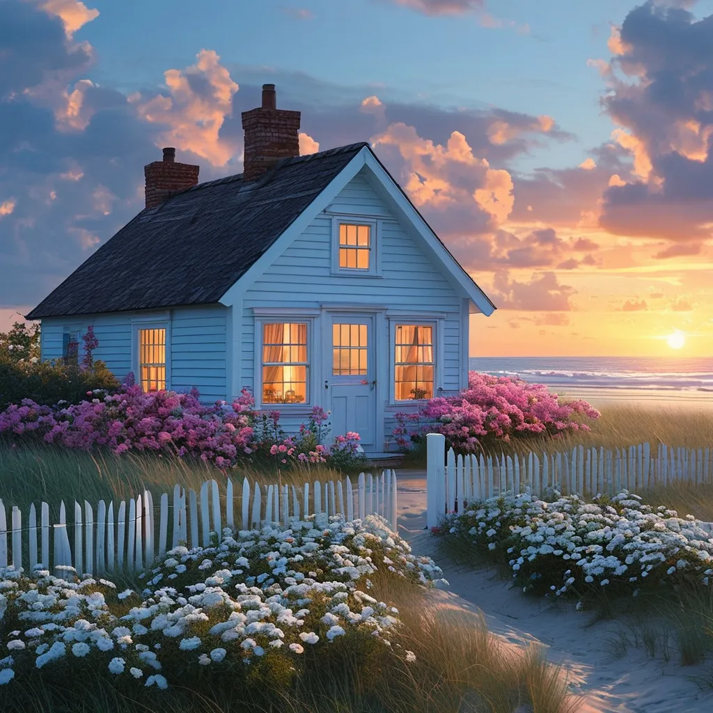 Prompt: cottage style sky blue and white house with white and pink flowers beach view sunset with little village and next door neighbour realistic