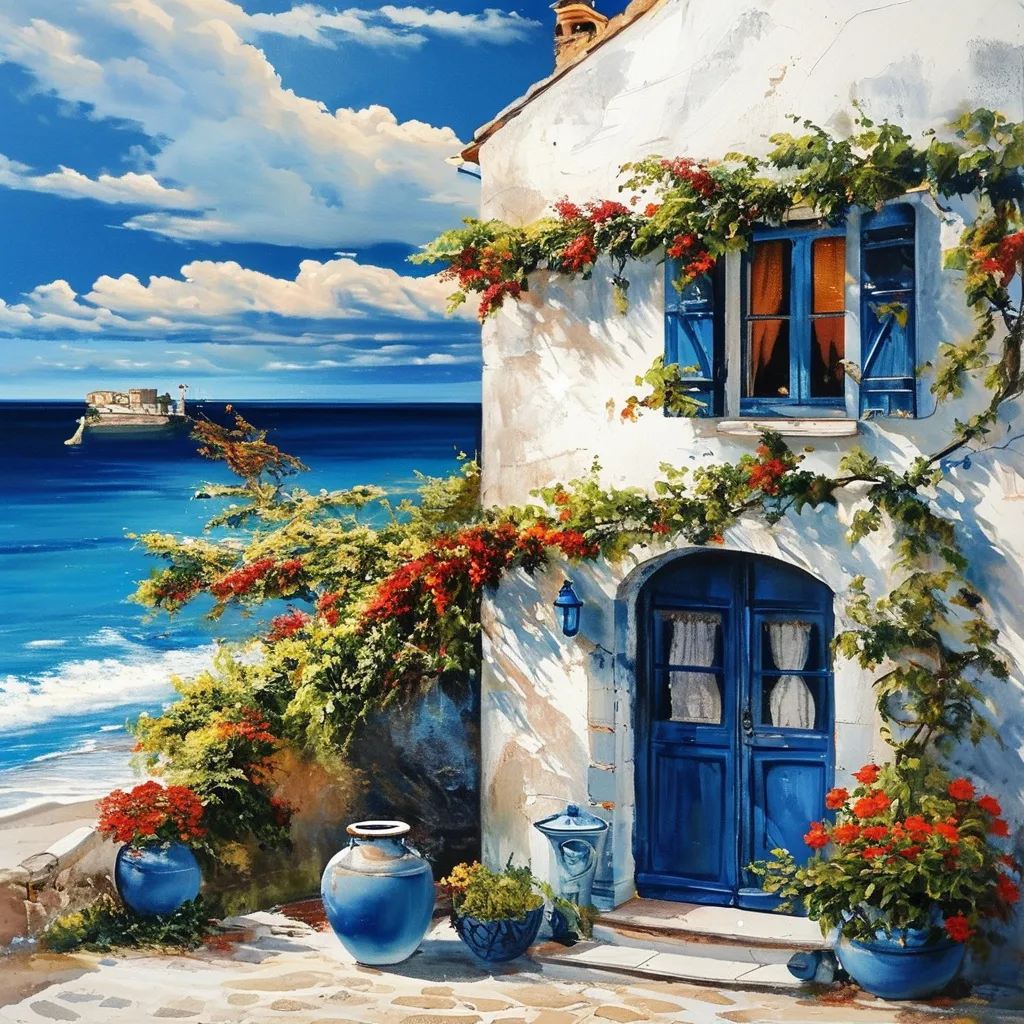 Prompt: in italy blue and white house cottage with the view of the beach sunset relistic