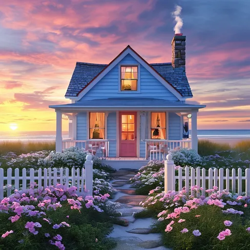 Prompt: cottage style sky blue and white house with white and pink flowers beach view sunset realistic