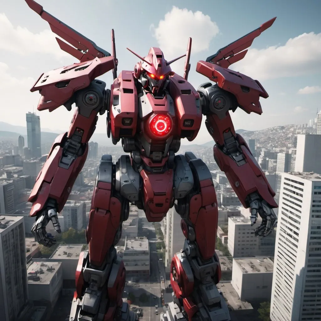 Prompt: Mecha with one red eye, flying over a city, full-body, cinematic render