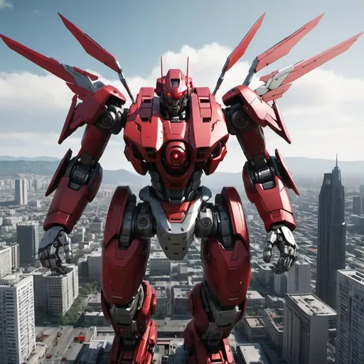 Prompt: Mecha with one red eye, flying over a city, full-body, cinematic render