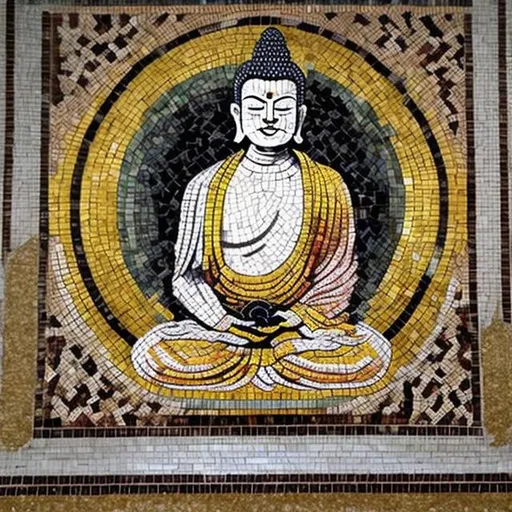 Prompt: buddha in sitting position in a modern mosaic made with ancient techniques. The mosaic has been made by a sicilian artist
