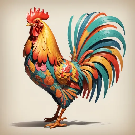 Prompt: A joyful rooster illustrated in full body view, showcasing a wide smile and an enthusiastic pose. The rooster is stylized with vibrant colors, emphasizing its happy demeanor. It stands in a simple, minimally detailed background that complements its cheerful expression without drawing attention away from the character. This image should capture the essence of joy and playfulness, embodied in the whimsical design of the rooster, perfect for a children's book illustration or a cheerful piece of art. The overall tone is light and uplifting, designed to evoke happiness in the viewer. square aspect ratio