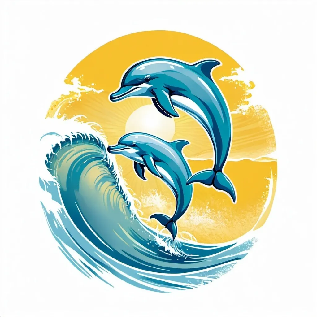 Prompt: The logo with two dolphins of the same size looking in the same direction, the Sun, waves, the Earth.  The background is white, the colors are bright, the sun is yellow, the style of the image is modern, elegant  and professional. The size of the waves is medium. Dolphins represent play, freedom, joy and intelligence. The logo  aspires to the image of coaching and evolution.