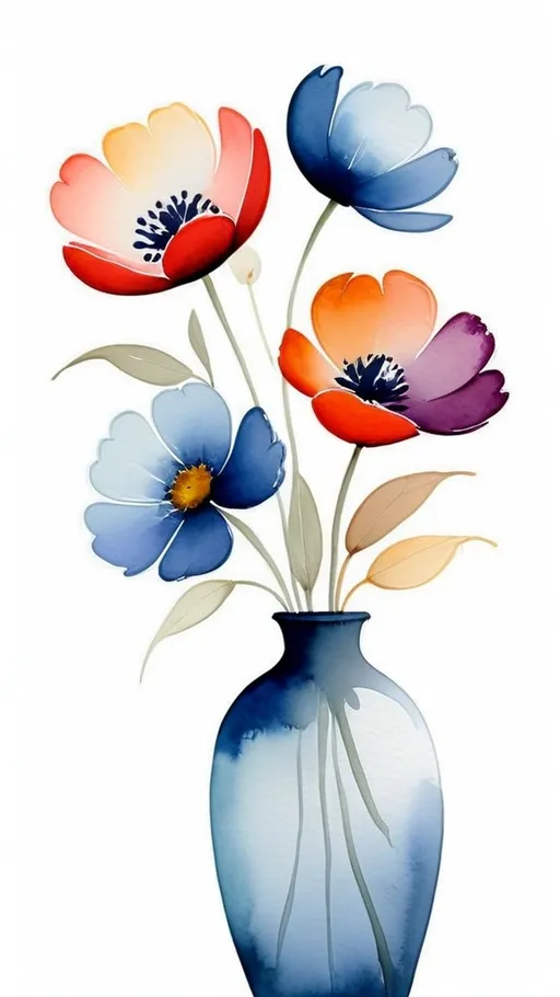 Prompt: a painting of flowers with leaves on a white background with a blue vase with flowers in it and a white background with a blue vase with flowers, Art & Language, modern european ink painting, flowers, a watercolor painting