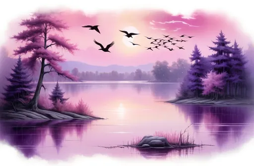 Prompt: a painting of a lake with trees and birds flying over it and a pink sky above it and a pink and purple background, Anne Stokes, american scene painting, professional digital painting, a watercolor painting