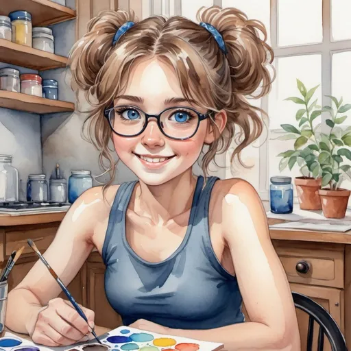 Prompt: Make me a picture in the style of anime of a mid 20’s girl painting a watercolor ornate hawk eagle. This girl has blue eyes, light brown medium length hair, with a happy round face and very slim round glasses. She’s sitting in a small apartment at a small dinner table near the kitchen with white chairs. The table is filled with watercolor supplies. Her hair is in a messy bun and she’s wearing workout clothes. She has a sheepish grin on her face. 