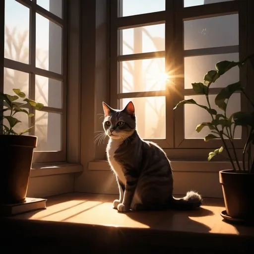 Prompt: undefineda cat sitting infront of a window in a patch of ligh. ther rest of the room is dark. cosy study room . the cat is illuminated by the sun filtering through. anime style