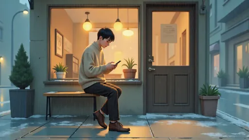 Prompt: 2D illustration, young man wearing beige sweater and brown pants brown shoes, sitting inside a coffee shop, looking at his phone, soft reflections on glass, cinematic depth, watercolor shading