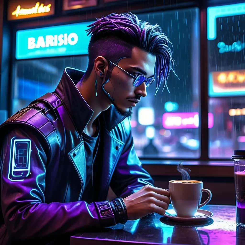 Prompt: Anime cyberpunk style, man in coffee shop, highly detailed, HD, dark background