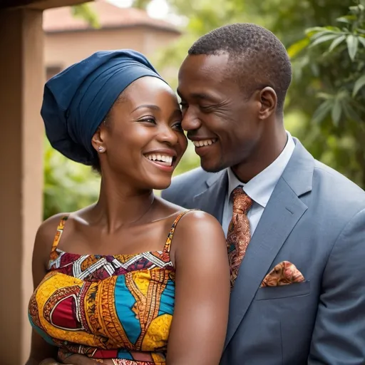 Prompt: Generate an image with this scenario::
Imagine a warm, sunlit scene with an African husband and wife sharing a joyful moment together. The couple could be standing close, their bodies angled slightly towards each other, with genuine smiles lighting up their faces. The husband might have his arm around his wife's shoulders, while she leans into him, her hand resting on his chest.

They could be dressed in vibrant, colorful traditional African attire, with patterns and fabrics that reflect their cultural heritage. The background might show glimpses of their surroundings-perhaps a lush garden, a bustling marketplace, or the front porch of their home.

Their expressions would convey a sense of comfort and happiness in each other's presence. Maybe they're caught in mid- laughter, sharing an inside joke or a tender moment. Their eyes might be crinkled with joy, gazing at each other or looking towards the camera with warmth and affection