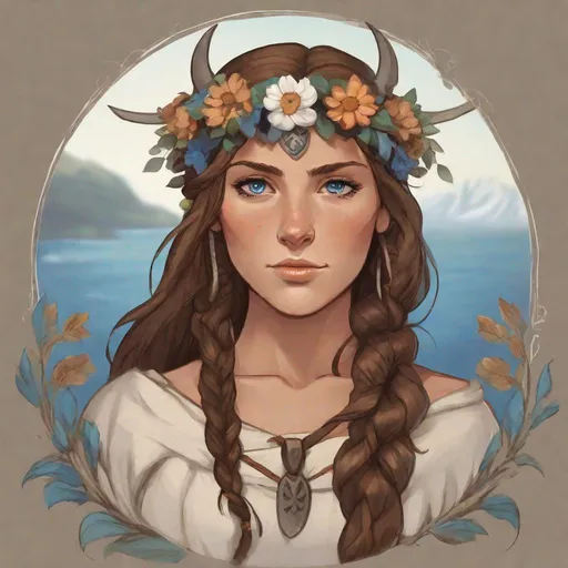 Prompt: A viking woman. She has brown hair, gathered neatly behind her head. She has tan skin and blue eyes. She wears a flower crown.