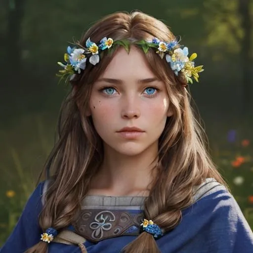 Prompt: A viking woman. She has brown hair, gathered neatly behind her head. She has tan skin and blue eyes. She wears a flower crown.