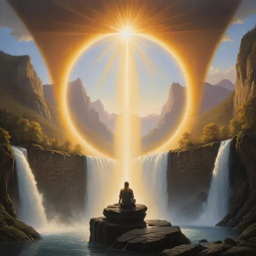 Prompt: a person sitting on a rock in front of a waterfall with a sun above it and a halo above, Christophe Vacher, metaphysical painting, sun, an oil on canvas painting