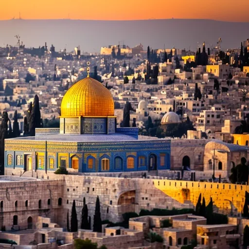 Prompt: A panorama of Jerusalem at sunrise. The sun is shining gently over the ancient city again
the narrow streets are bathed in a golden light.