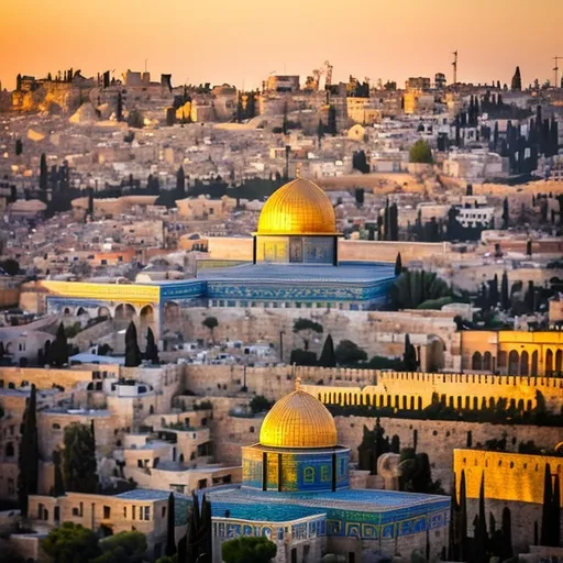 Prompt: A panorama of Jerusalem at sunrise. The sun is shining gently over the ancient city again
the narrow streets are bathed in a golden light.