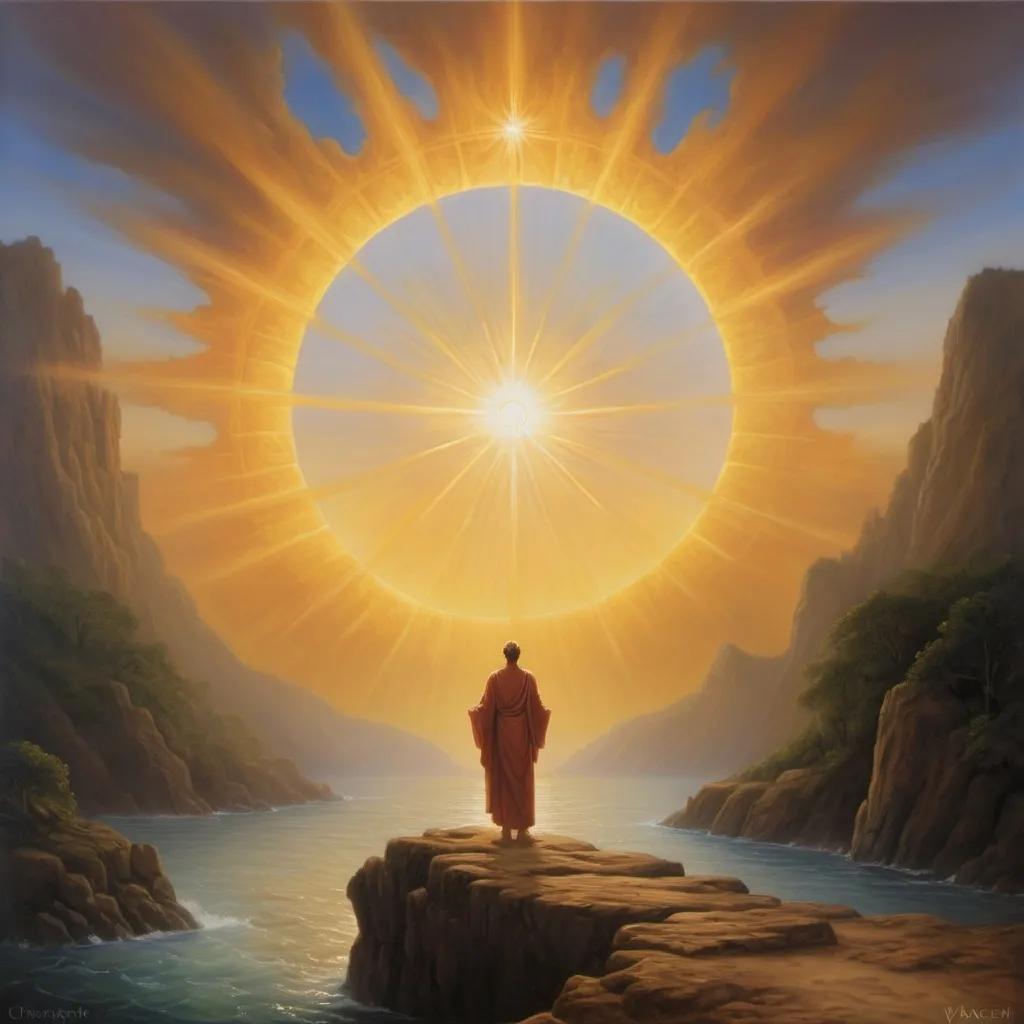 Prompt: a person In difficult times, he gives
me the strength to go on. Through prayer, i find peace. e, Christophe Vacher, metaphysical painting, sun, an oil on canvas painting