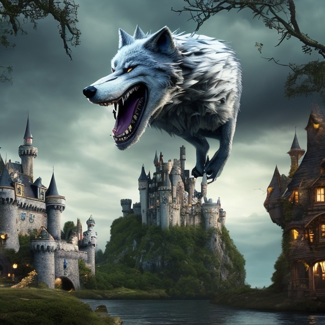 Prompt: “Imagine a realistic scene with fairy tale elements and modern influences. The Bad Wolf grins slyly, expressing his interest in attending, but jokingly adds that he hopes there's plenty of food in the kitchen. The background combines fairytale elements such as a castle with modern cues such as phone screens and social media icons floating in the air.”