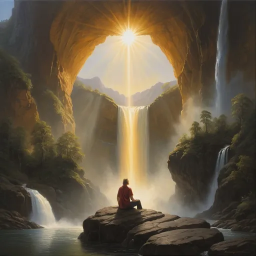 Prompt: a person sitting on a rock in front of a waterfall with a sun above it and a halo above, Christophe Vacher, metaphysical painting, sun, an oil on canvas painting