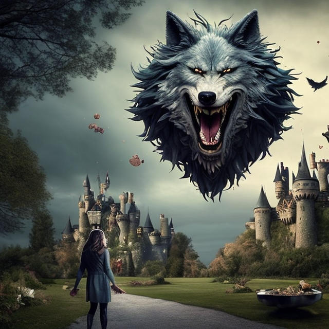 Prompt: “Imagine a realistic scene with fairy tale elements and modern influences. The Bad Wolf grins slyly, expressing his interest in attending, but jokingly adds that he hopes there's plenty of food in the kitchen. The background combines fairytale elements such as a castle with modern cues such as phone screens and social media icons floating in the air.”