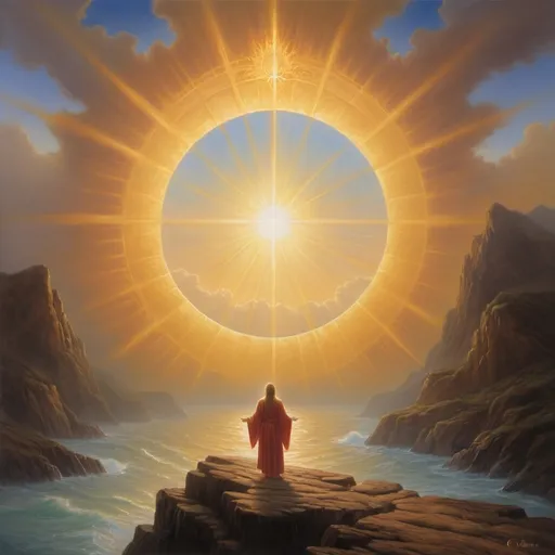 Prompt: a person In difficult times, he gives
me the strength to go on. Through prayer, i find peace. e, Christophe Vacher, metaphysical painting, sun, an oil on canvas painting