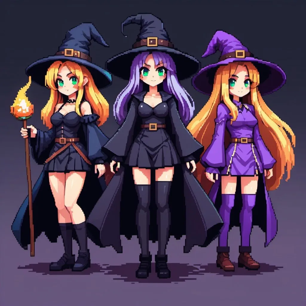 Prompt: 4 witches in a pixel art and anime style that all have different outfits
