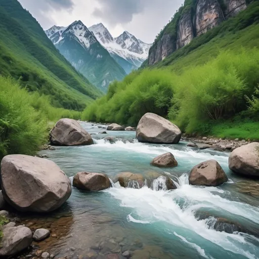 Prompt: very beautiful mountain views with a little snow on the peaks. At the foot of the mountain there is a big river with large rocks and clear water flowing fast and green plants that are fresh after the rain