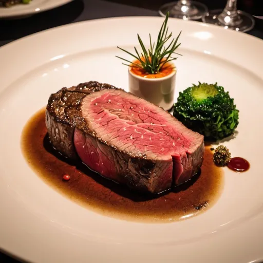 Prompt: a medium rare very expensive wagyu steak served beautifully and elegantly