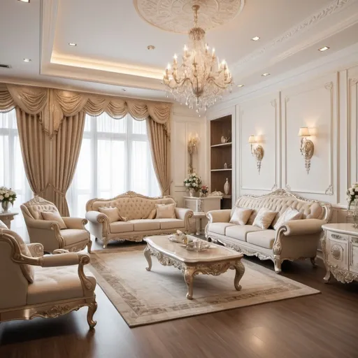 Prompt: a very luxurious living room, spacious and elegant with a combination of ivory white with complete furniture with luxurious wooden carved guest chairs and a large super luxurious cupboard including a super luxurious crystal chandelier and others