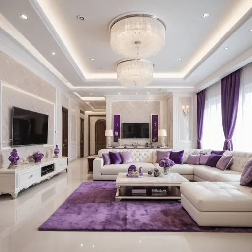 Prompt: A very luxurious and elegant family room with a combination of ivory white, and purple. with complete furniture starting from luxury sofas, super large screen TVs, luxury lamps and so on